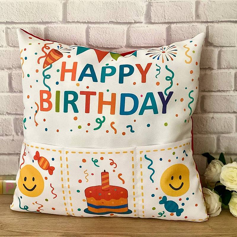 Kissen Happy Birthday mit Taschen